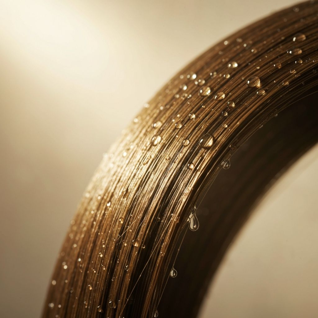 Premium hair care ritual with glossy hair strands and water droplets